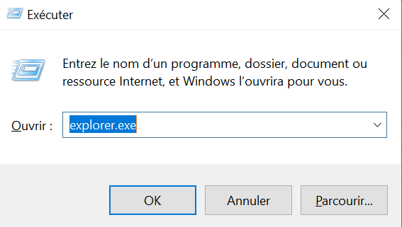Exécuter la commande explorer.exe sur Windows 10 pour réparer un problème avec l'explorateur de fichiers