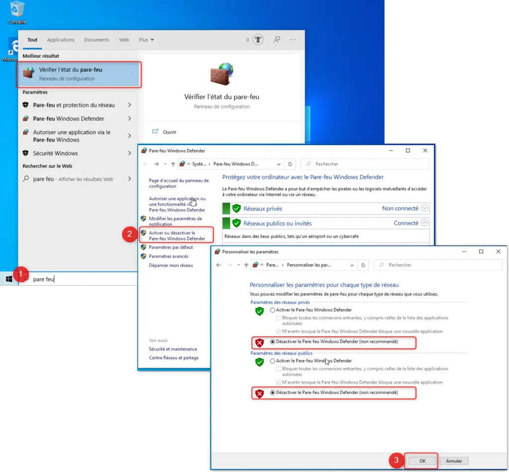 Désactivation des Pare-feux sur Windows 10