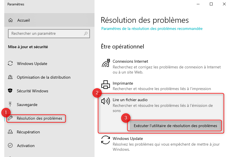 Utilitaire résolution des problèmes audio Windows 10