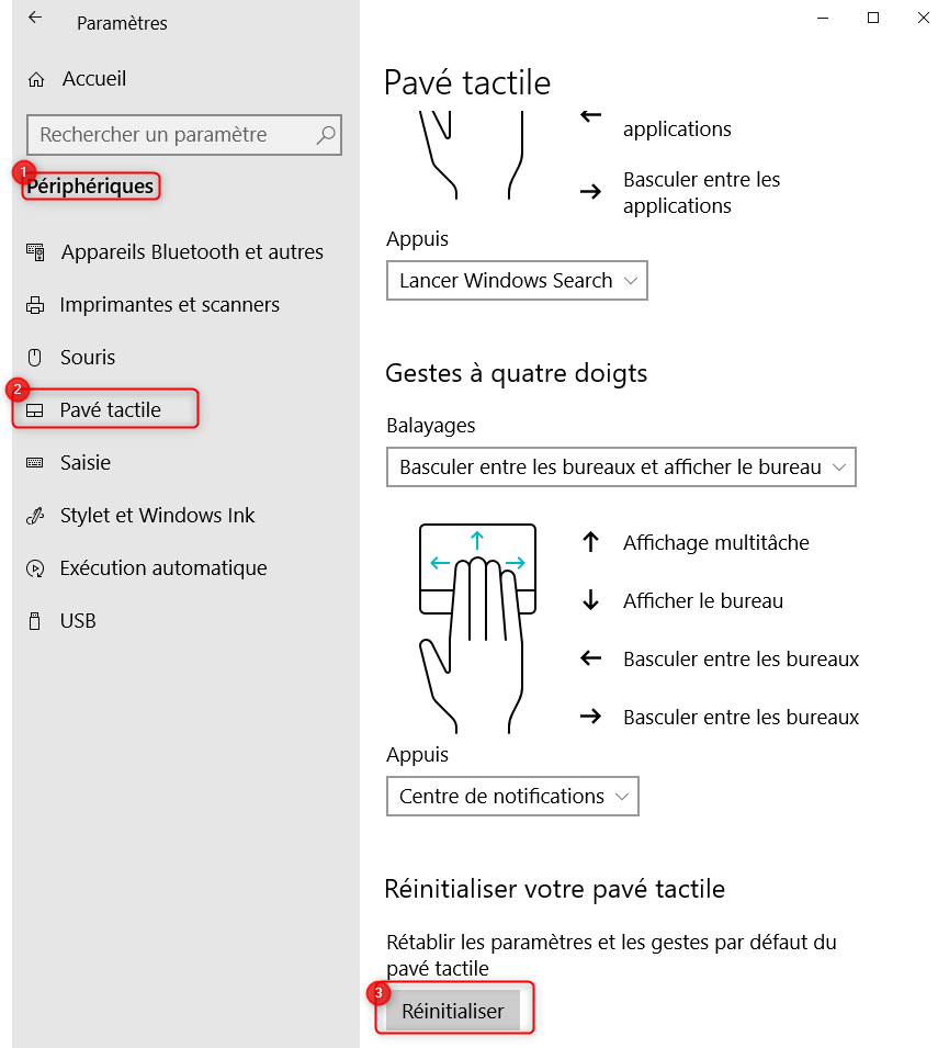 Réinitialiser le pavé tactile sur Windows 10