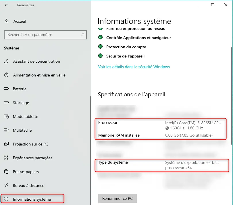 information système sur Windows 10