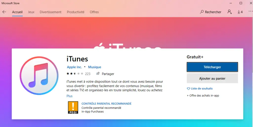 Microsoft store iTunes téléchargement sur Windows 10