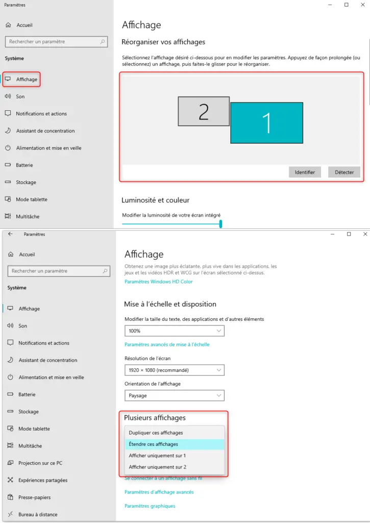Paramètres d'affichage sur Windows 10 pour partager l'écran en 2