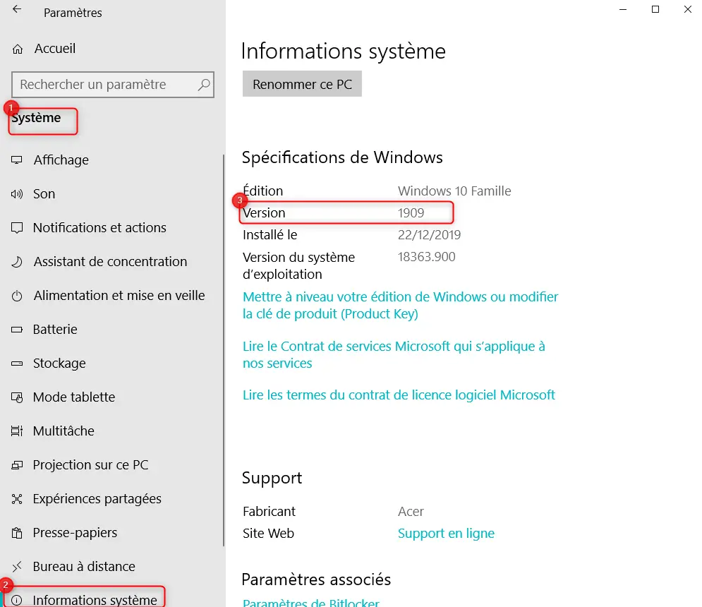  Paramètres Informations système Windows 10