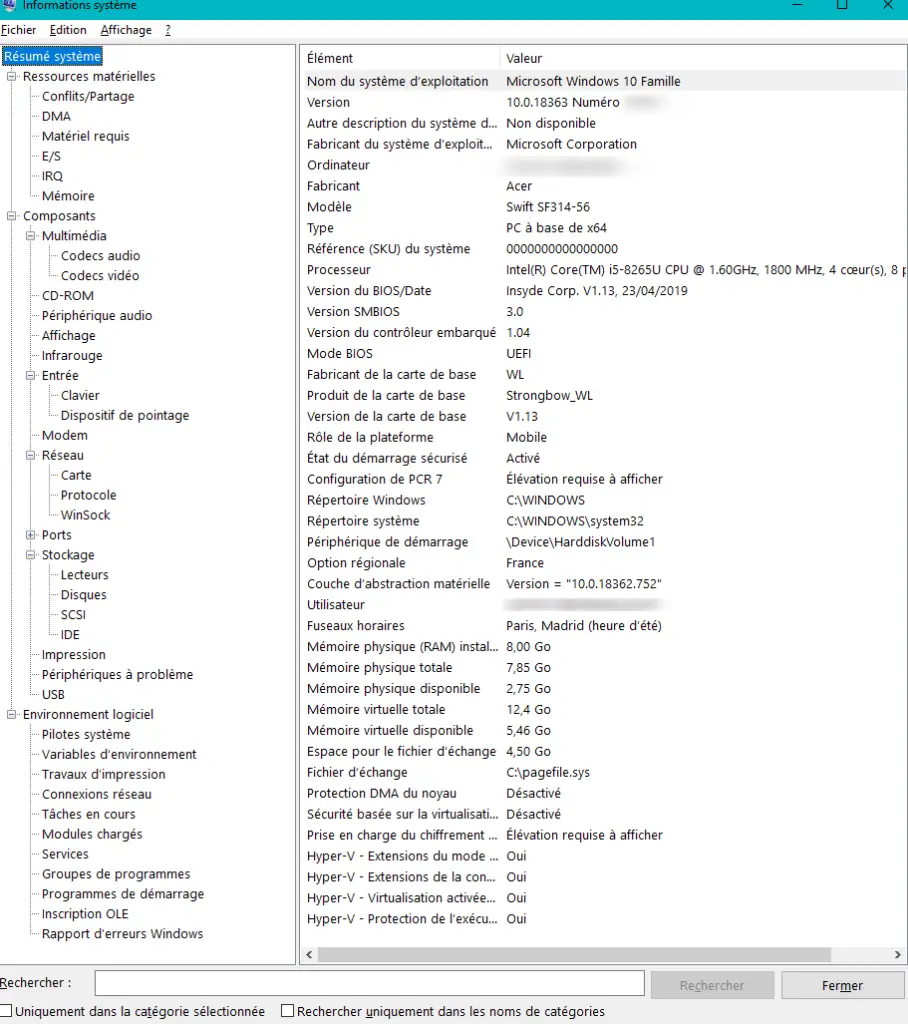  Information Système détaillées sur Windows 10