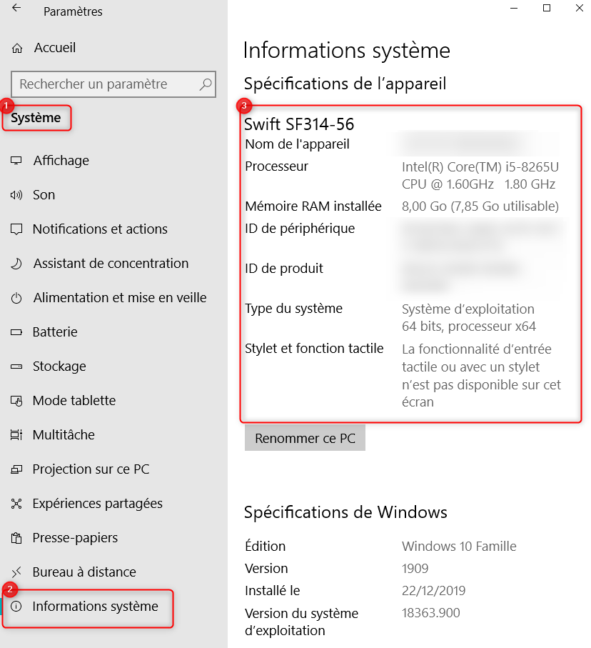 Information Système sur Windows 10