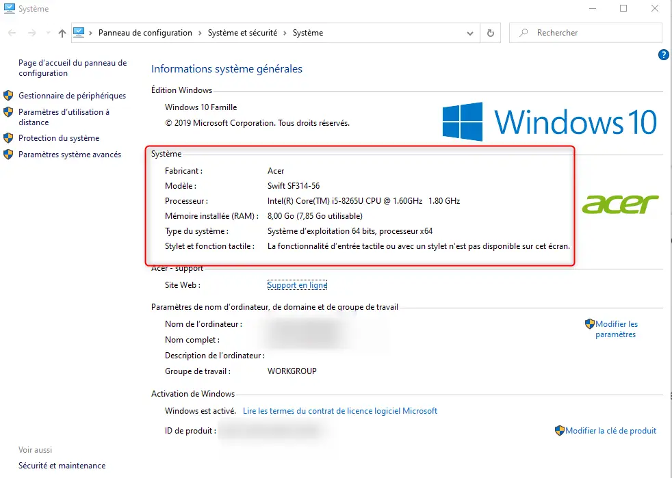 Panneau de configuration Système sur Windows 10