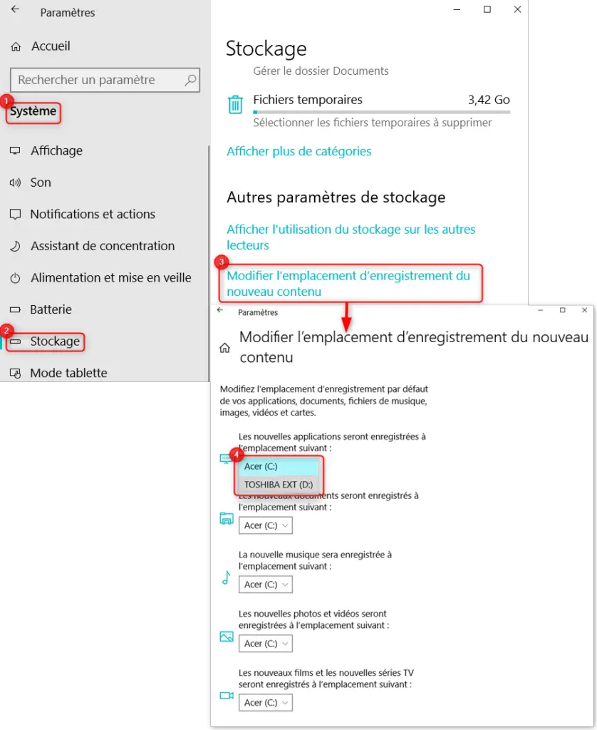 Modifier l'emplacement d'enregistrement sur Windows 10