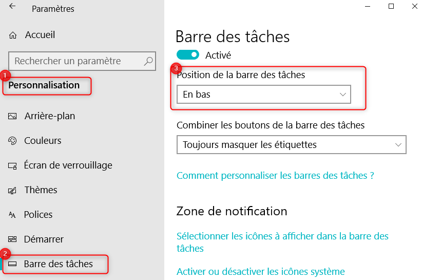Paramétrer le positionnement de la barre des tâches sur Windows 10