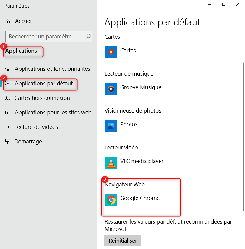 Applications par défaut sur Windows 10