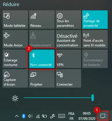 Activer le Bluetooth via le centre de notifications Windows 10