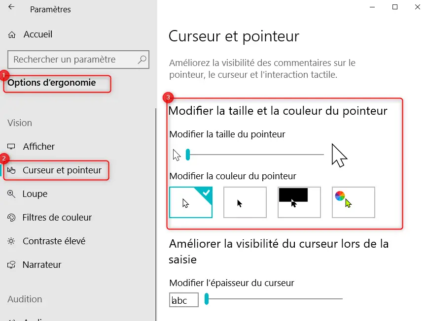 Changer la taille et la couleur du curseur sur Windows 10