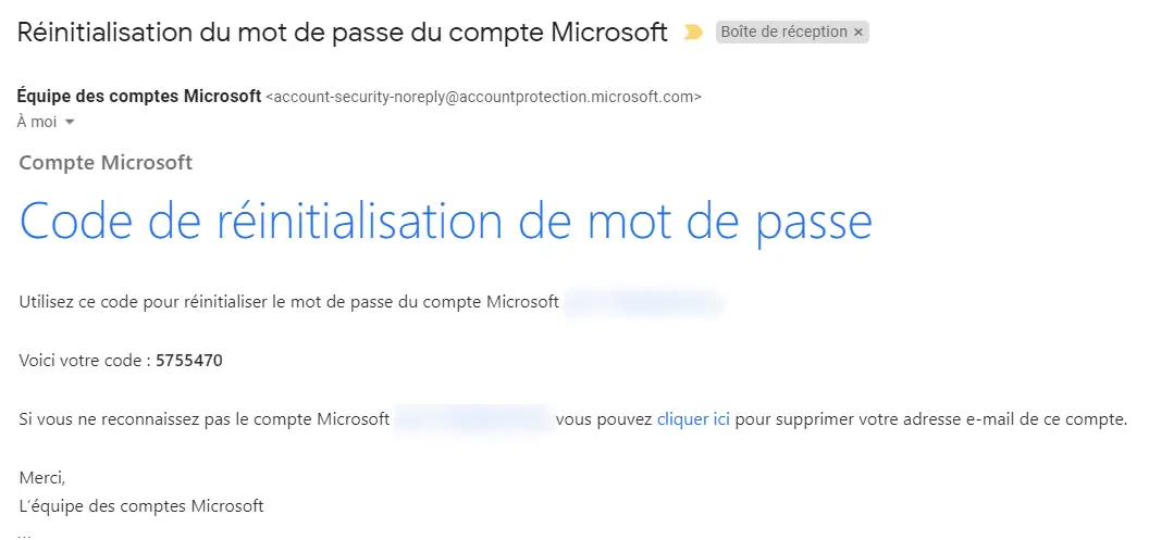 Email Microsoft avec code de réinitialisation de mot de passe sur Windows 10