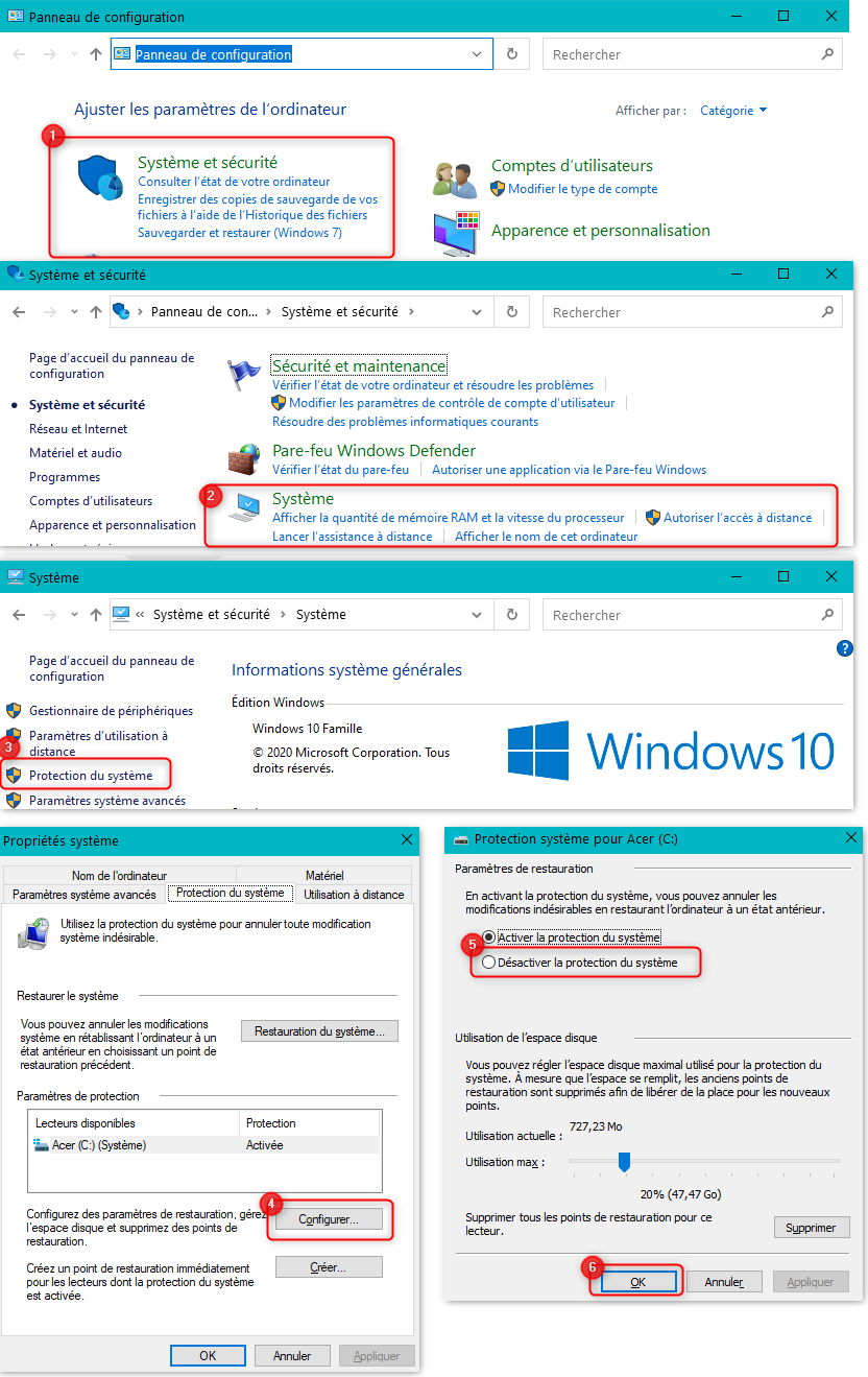 Désactiver la protection du système sur Windows 10