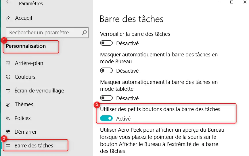  Activer l'option des petits boutons dans la barre des tâches sur Windows 10