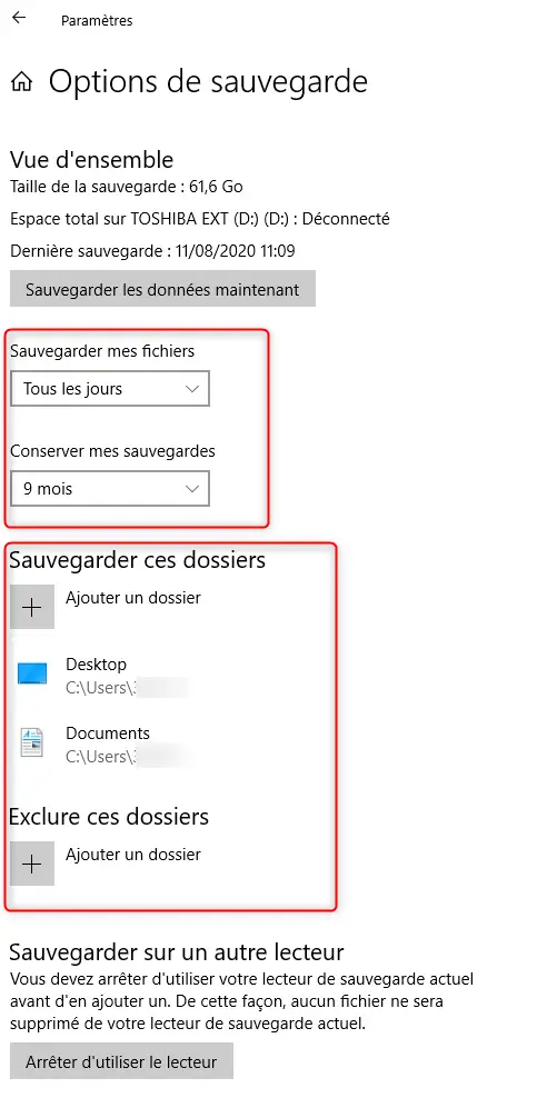Paramétrer les options de la sauvegarde sur Windows 10