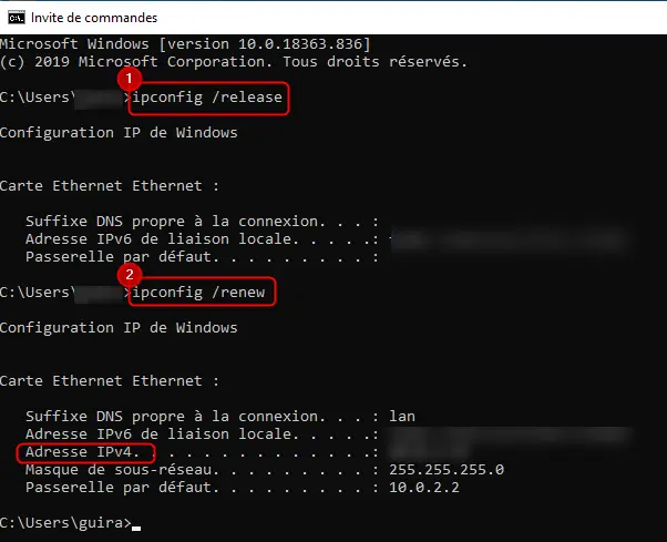 Renouveler l'adresse IP via la commande ipconfig /renew sous Windows 10