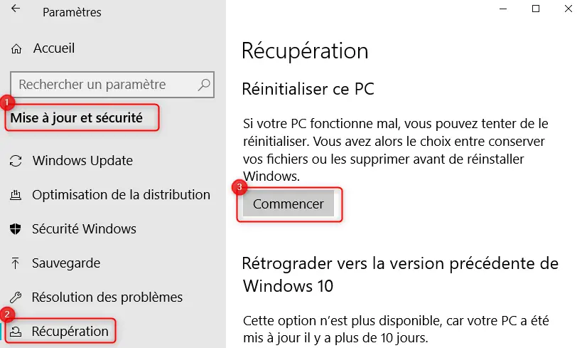 Réinitialiser un PC sur Windows 10