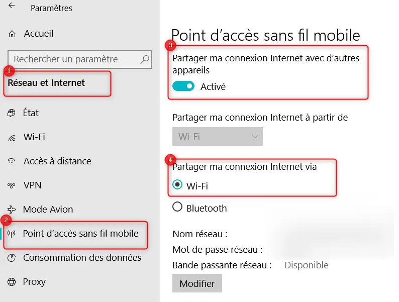  Activer le partage de connexion Internet sur Windows 10