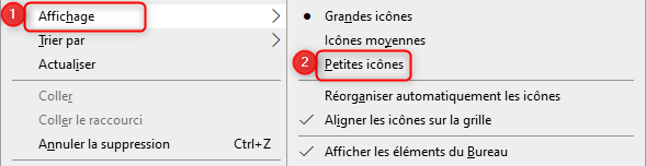 Menu contextuel, Affichage, pour réduire la taille des icônes sur Windows 10
