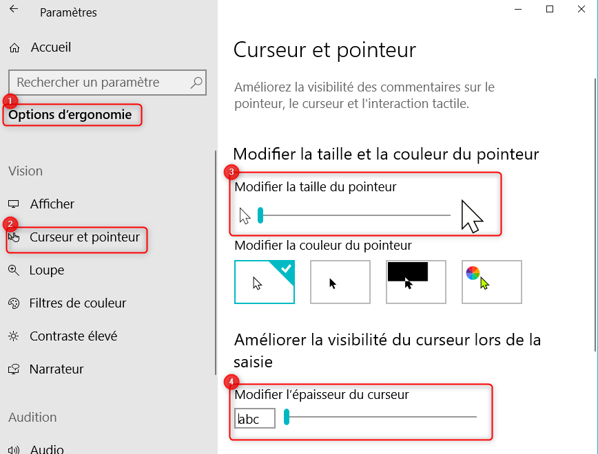 Modifier la taille du curseur sur Windows 10