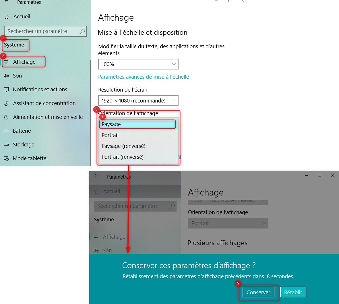 Paramètres Affichage pour remettre l'écran à l'endroit sur Windows 10