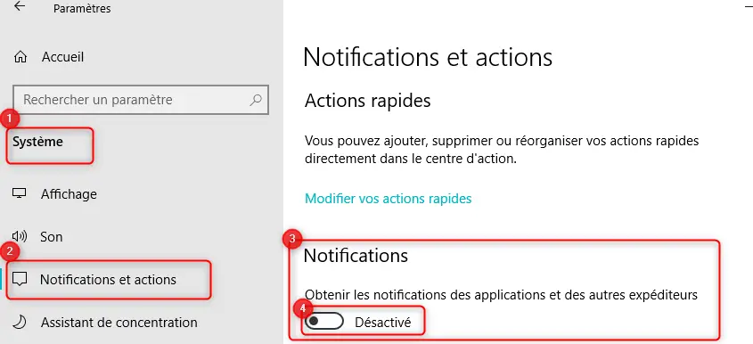 Désactiver les notifications sur Windows 10