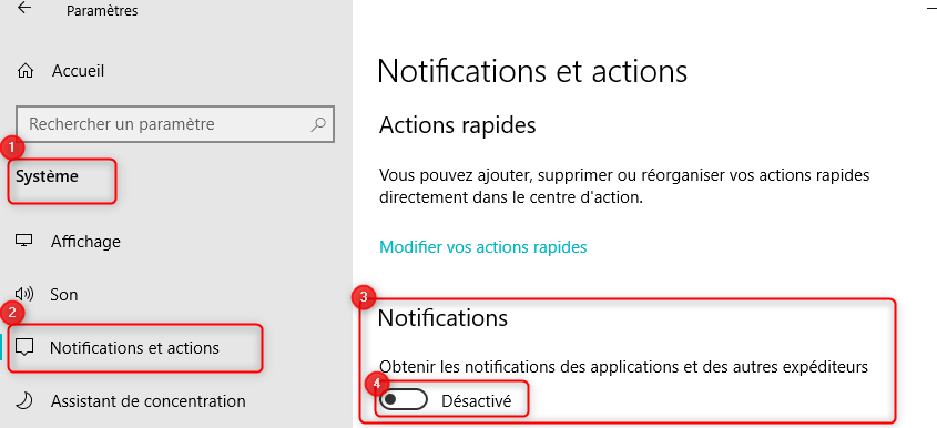 Désactiver les pop-ups de notification sur Windows 10
