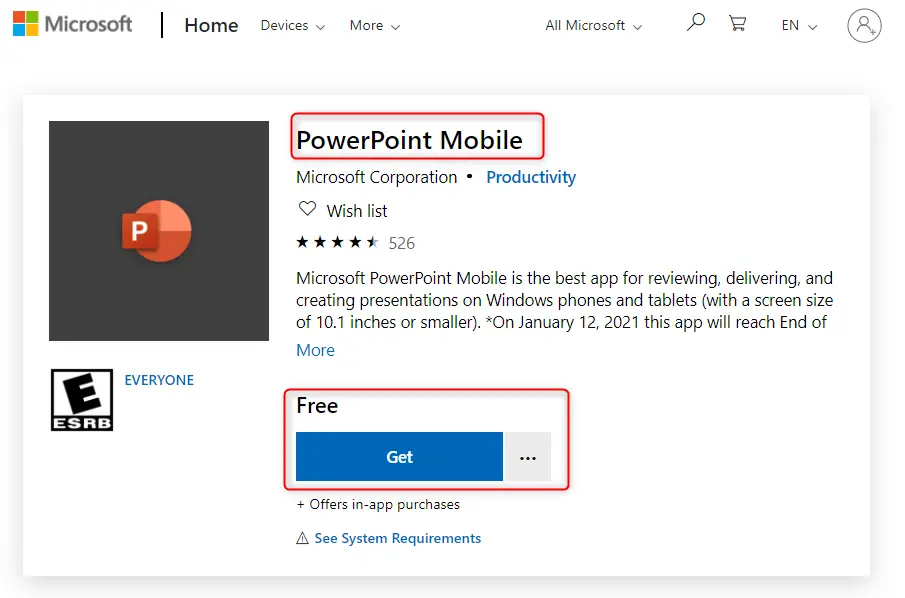 PowerPoint Mobile sur tablette Windows 10