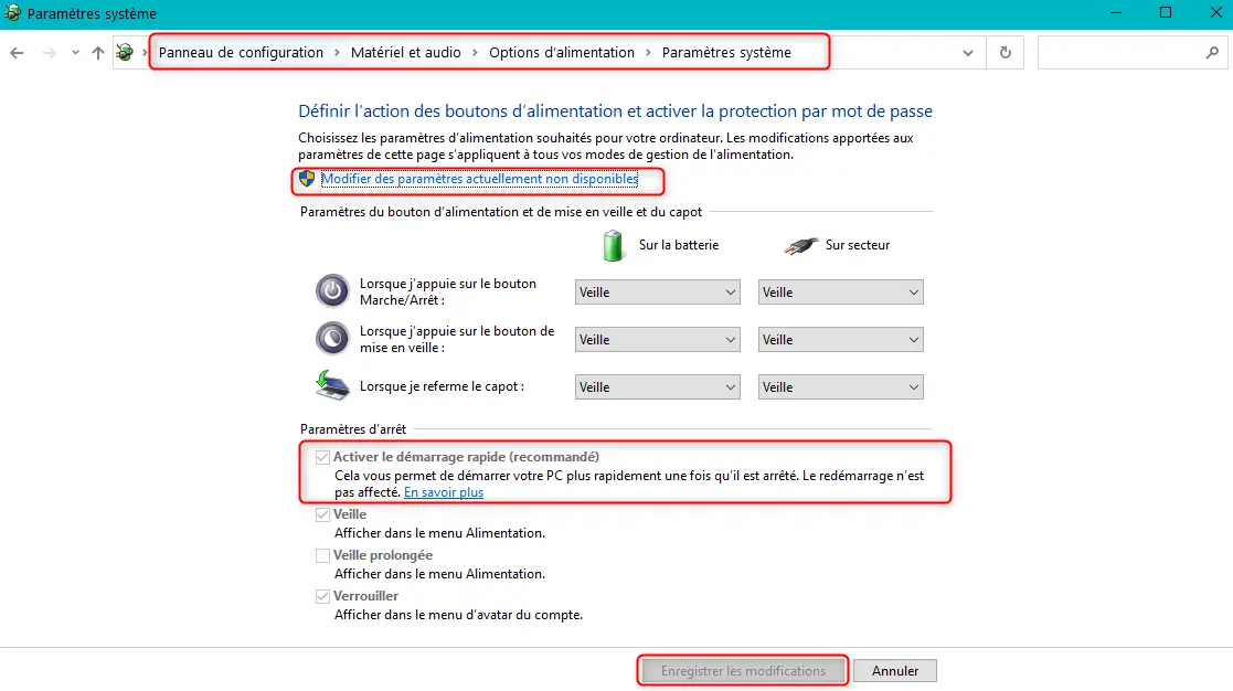 Désactiver le démarrage rapide sur Windows 10