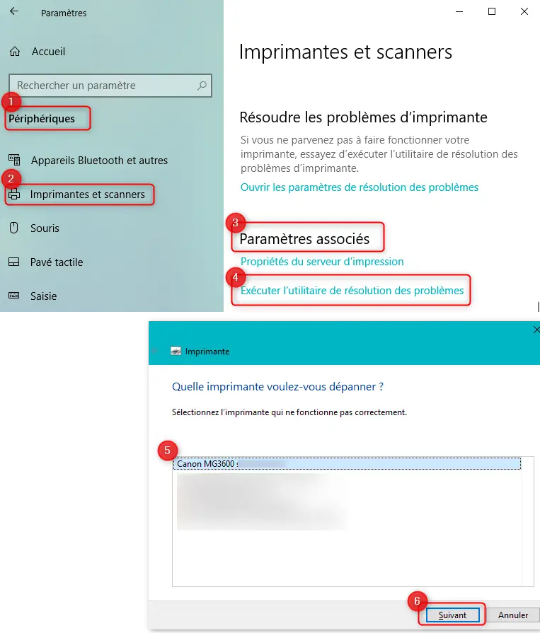 Utilitaire de résolution des problèmes d'Imprimante sur Windows 10