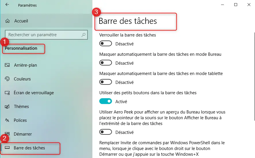 Paramètres de la barre des taches sur Windows 10