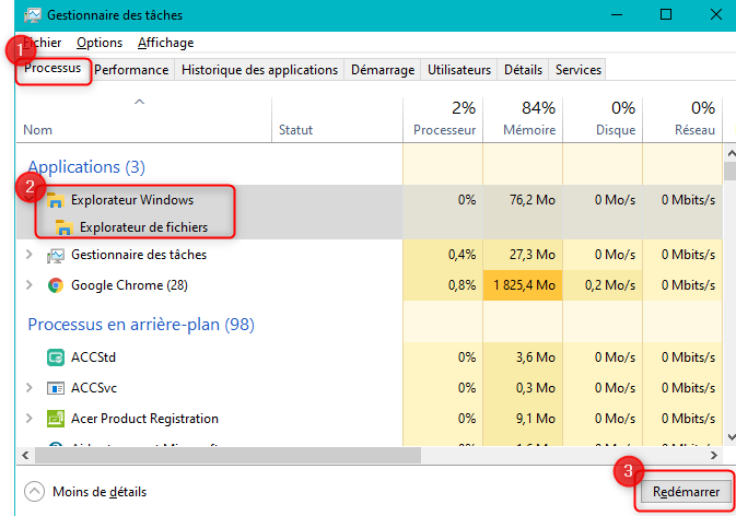 Redémarrer l'explorateur de fichiers pour faire apparaître la barre des tâches Windows 10