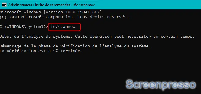 Commande sfc scannow sur Windows 10
