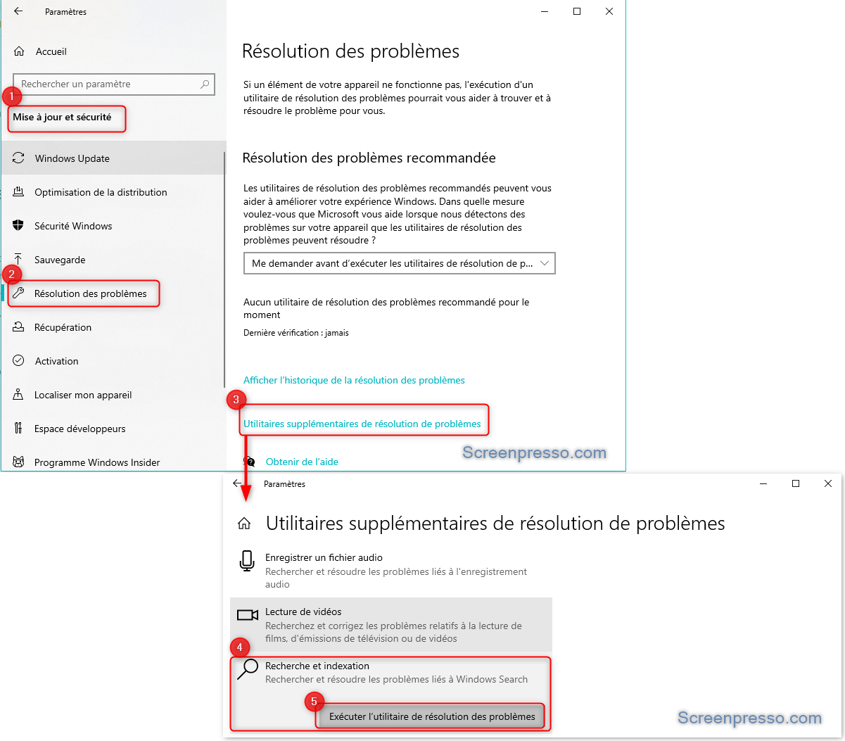  Utilitaire de résolution des problèmes de recherche et indexation sur Windows 10